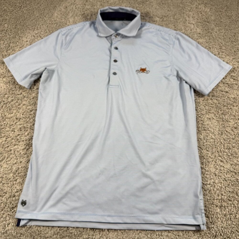Greyson Mens Medium Blue White Strip Golf Polo Shirt Performance